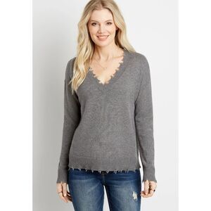 MAURICES Gray Knit Destructed Distressed V-Neck Pullover Sweater Size XL